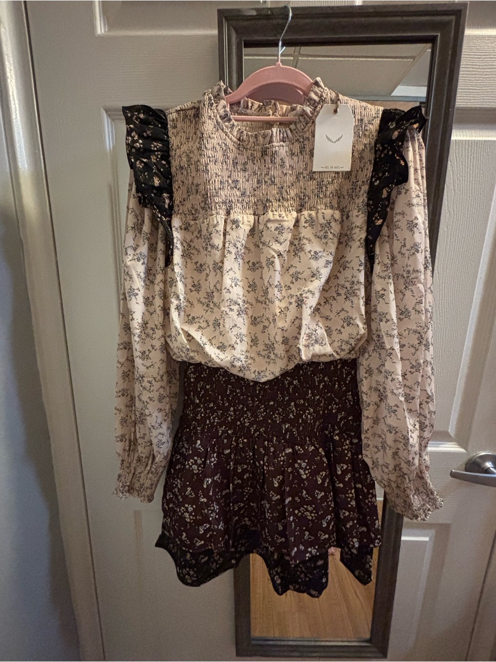 Floral Smocked dress …..size small in Cream & Brown